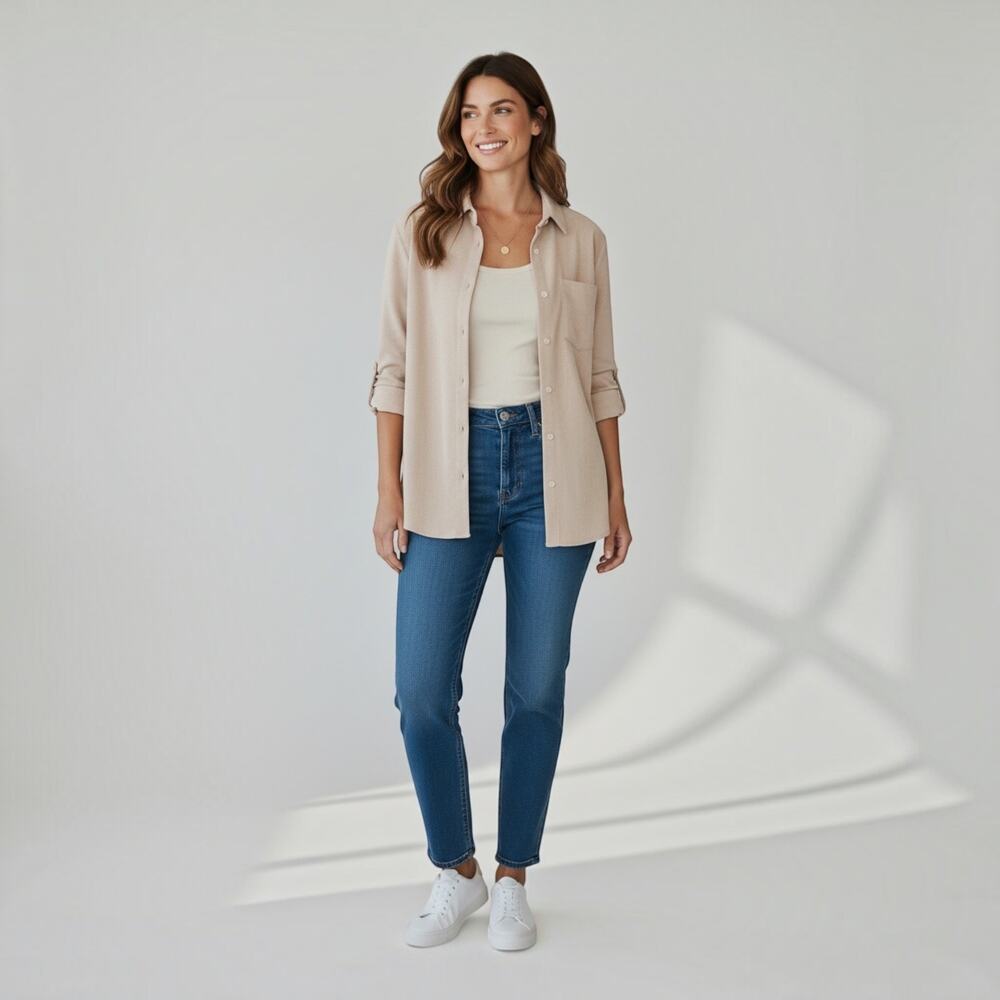 Beige Button Up Blouse Lightweight Relaxed Layering Shirt Women’s Medium